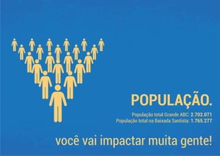 POPULAÇÃO.
População total Grande ABC: 2.702.071
População total na Baixada Santista: 1.765.277
você vai impactar muita gente!
 