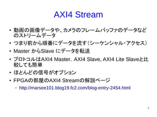 5
AXI4 Stream
●
動画の画像データや、カメラのフレームバッファのデータなど
のストリームデータ
●
つまり前から順番にデータを流す（シーケンシャル・アクセス）
● Master からSlave にデータを転送
● プロトコルはAXI4 Master，AXI4 Slave, AXI4 Lite Slaveと比
較しても簡単
●
ほとんどの信号がオプション
● FPGAの部屋のAXI4 Streamの解説ページ
– http://marsee101.blog19.fc2.com/blog-entry-2454.html
 