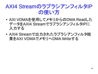 66
AXI4 StreamのラプラシアンフィルタIP
の使い方
● AXI VDMAを使用してメモリからのDMA Readした
データをAXI4 StreamでラプラシアンフィルタIPに
入力する
● AXI4 Streamで出力されたラプラシアンフィルタ結
果をAXI VDMAでメモリへDMA Writeする
 