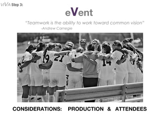 eVent
CONSIDERATIONS: PRODUCTION & ATTENDEES
VIVA Step 3:
“Teamwork is the ability to work toward common vision”
-Andrew Carnegie 
 