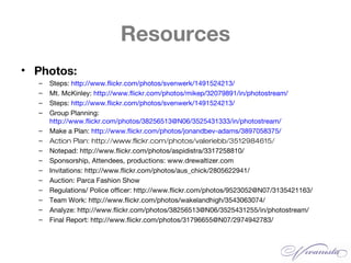 Resources
• Photos:
– Steps: http://www.flickr.com/photos/svenwerk/1491524213/
– Mt. McKinley: http://www.flickr.com/photos/mikep/32079891/in/photostream/
– Steps: http://www.flickr.com/photos/svenwerk/1491524213/
– Group Planning:
http://www.flickr.com/photos/38256513@N06/3525431333/in/photostream/
– Make a Plan: http://www.flickr.com/photos/jonandbev-adams/3897058375/
– Action Plan: http://www.flickr.com/photos/valeriebb/3512984615/
– Notepad: http://www.flickr.com/photos/aspidistra/3317258810/
– Sponsorship, Attendees, productions: www.drewaltizer.com
– Invitations: http://www.flickr.com/photos/aus_chick/2805622941/
– Auction: Parca Fashion Show
– Regulations/ Police officer: http://www.flickr.com/photos/9523052@N07/3135421163/
– Team Work: http://www.flickr.com/photos/wakelandhigh/3543063074/
– Analyze: http://www.flickr.com/photos/38256513@N06/3525431255/in/photostream/
– Final Report: http://www.flickr.com/photos/31796655@N07/2974942783/
 