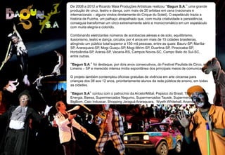 De 2008 a 2012 a Ricardo Maia Produções Artísticas realizou “Bagun S.A.” uma grande 
produção de circo, teatro e dança, com mais de 20 artistas em cena (nacionais e 
internacionais – alguns vindos diretamente do Cirque du Soleil). O espetáculo trazia a 
história de Fuinha, um palhaço atrapalhado que, com muita criatividade e persistência, 
conseguia transformar um circo extremamente sério e monocromático em um espetáculo 
com muita alegria e colorido. 
Combinando eletrizantes números de acrobacias aéreas e de solo, equilibrismo, 
ilusionismo, teatro e dança, circulou por 4 anos em mais de 15 cidades brasileiras, 
atingindo um público total superior a 150 mil pessoas, entre as quais: Bauru-SP, Marília- 
SP, Araraquara-SP, Mogi-Guaçu-SP, Mogi-Mirim-SP, Duartina-SP, Piracicaba-SP, 
Hortolândia-SP, Araras-SP, Vacaria-RS, Campos Novos-SC, Campo Belo do Sul-SC, 
entre outras. 
“Bagun S.A.” foi destaque, por dois anos consecutivos, do Festival Paulista de Circo, em 
Limeira – SP e merecido intensa mídia espontânea dos principais meios de comunicação. 
O projeto também contemplou oficinas gratuitas de vivência em arte circense para 
crianças dos 08 aos 12 anos, prioritariamente alunos da rede pública de ensino, em todas 
as cidades. 
“Bagun S.A” contou com o patrocínio da ArcelorMittal, Pepsico do Brasil, Tilibra, Enercan 
Energia, Baesa, Supermercados Nagumo, Supermercados Tauste, Supermercados 
BigBom, Caio Induscar, Shopping Jaraguá Araraquara, Wyeth Whitehall, Ananda Metais. 
 