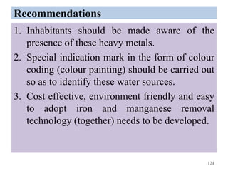 Recommendations
1. Inhabitants should be made aware of the
presence of these heavy metals.
2. Special indication mark in the form of colour
coding (colour painting) should be carried out
so as to identify these water sources.
3. Cost effective, environment friendly and easy
to adopt iron and manganese removal
technology (together) needs to be developed.
124
 
