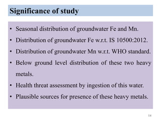 Significance of study
• Seasonal distribution of groundwater Fe and Mn.
• Distribution of groundwater Fe w.r.t. IS 10500:2012.
• Distribution of groundwater Mn w.r.t. WHO standard.
• Below ground level distribution of these two heavy
metals.
• Health threat assessment by ingestion of this water.
• Plausible sources for presence of these heavy metals.
14
 
