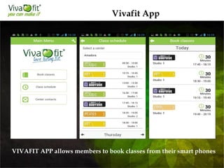 Vivafit App
VIVAFIT APP allows members to book classes from their smart phones
 
