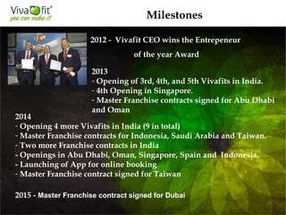 2013
- Opening of 3rd, 4th, and 5th Vivafits in India.
- 4th Opening in Singapore.
- Master Franchise contracts signed for Abu Dhabi
and Oman
2012 - Vivafit CEO wins the Entrepeneur
of the year Award
2014
- Opening 4 more Vivafits in India (9 in total)
- Master Franchise contracts for Indonesia, Saudi Arabia and Taiwan.
- Two more Franchise contracts in India
- Openings in Abu Dhabi, Oman, Singapore, Spain and Indonesia.
- Launching of App for online booking
- Master Franchise contract signed for Taiwan
Milestones
2015 - Master Franchise contract signed for Dubai
 