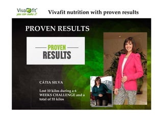 Vivafit nutrition with proven results
PROVEN RESULTS
CÁTIA SILVA
Lost 10 kilos during a 6
WEEKS CHALLENGE and a
total of 55 kilos
 