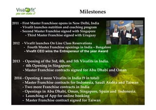 2011 - First Master Franchisee opens in New Delhi, India
- Vivafit launches nutrition and coaching program
- Second Master Franchise signed with Singapore
- Third Master Franchise signed with Uruguay
2012 - Vivafit launches On Line Class Reservations
- Fourth Master Franchise openings in India – Bangalore
- Vivafit CEO wins the Entrepeneur of the year Award
Milestones
2013 - Opening of the 3rd, 4th, and 5th Vivafits in India.
- 4th Opening in Singapore.
- Master Franchise contracts signed for Abu Dhabi and Oman
2014 - Opening 4 more Vivafits in India (9 in total)
- Master Franchise contracts for Indonesia, Saudi Arabia and Taiwan
- Two more Franchise contracts in India
- Openings in Abu Dhabi, Oman, Singapore, Spain and Indonesia.
- Launching of App for online booking
- Master Franchise contract signed for Taiwan
 