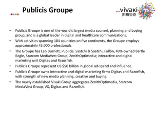 Publicis GroupePublicis Groupe is one of the world’s largest media counsel, planning and buying group, and is a global leader in digital and healthcare communications.With activities spanning 104 countries on five continents, the Groupe employs approximately 45,000 professionals.The Groupe has Leo Burnett, Publicis, Saatchi & Saatchi, Fallon, 49%-owned Bartle Bogle, Starcom MediaVest Group, ZenithOptimedia; interactive and digital marketing unit Digitas and Razorfish. Publicis Groupe represent US $50 billion in global ad-spend and influence.Publicis Groupe owns interactive and digital marketing firms Digitas and Razorfish, with strength of new media planning, creative and buying.The newly established Vivaki Group aggregates ZenithOptimedia, Starcom MediaVest Group, VX, Digitas and Razorfish. 