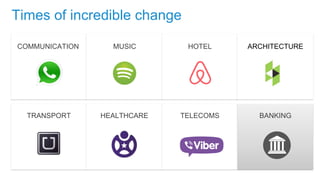 Times of incredible change 
COMMUNICATION MUSIC HOTEL ARCHITECTURE 
TRANSPORT HEALTHCARE TELECOMS BANKING 
 