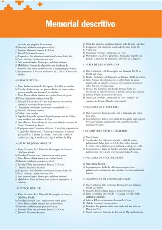 Memorial descritivo
    varanda em pérgolas de concreto.                              g) Porta: Em alumínio anodizado branco linha 20 com vidro liso.
d) Rodapé: Madeira para pintura h=5.                              h) Esquadria: Em alumínio anodizado branco linha 16.
e) Soleira : Mármore branco L=3,5cm.                              h) Vidro: liso
f ) Petoril: Mármore branco.                                      f ) Instalação elétrica: Luminárias no teto.
g) Esquadria: Em alumínio anodizado branco linha 16 .             g) Mobiliário: 2 cadeiras giratórias, bancada e espelho na
h) Inst. elétrica: Luminárias no teto.                                parede, 2 cadeiras de manicure, um sofá de 2 lugares.
i) Inst. comunicação: Ponto para telefone interno.
j) Mobiliário: 5 mesas de aluminio com 4 cadeiras de              11) SALA DE REPOUSO/SAUNA
   alumínio com junco sintético cada, 3 banquetas para balcão.
                                                                  a) Piso: Cerâmica Lef, Biancogrês ou Samarsa 30x30 ou
  similar.                                                            20x20 até a laje.
                                                                  b) Parede : Cerâmica Lef, Biancogrês ou Samarsa 20x20 até o forro.
8) ESPAÇO FITNESS                                                 c) Teto: Pintura látex branco neve sobre forro de gesso
                                                                      acartonado na sala de repouso e revestimento cerâmico
a) Piso: Emborrachado da Plurigoma, Paviflex ou similar.              sobre laje no teto da sauna.
b) Parede: Acabamento em pintura látex cor branca sobre           d) Portas: Em alumínio anodizado branco linha 25.
    gesso e detalhe em durawall ou similar.                           Veneziana na sala de repouso e porta especial para sauna.
c) Teto: Pintura látex branco neve sobre forro de gesso.          e) Soleira : Filete em mármore branco.
d) Porta: Alumínio branco linha 20.                               f ) Instalação elétrica: Luminárias no teto, tomadas de
e) Rodapé: Em madeira l=7cm acabamento em esmalte                     corrente da Prime, Alumbra ou Injetel.
    sintético acetinado branco neve..
f ) Esquadria: Alumínio anodizado natural linha 16.
g)Peitoril: Mármore branco.
h) Vidro: Liso incolor.                                           a) Piso: Concreto desempolado com a marcação em tinta
i) Espelho: Em toda a parede lateral oposta com h=2,00m,             para piso.
   com moldura em madeira L=7cm                                   c) Equipamentos: Tabela com cesta de basquete supensa por
j) Inst. elétrica: Luminárias no teto, tomadas de corrente da        ferro galvanizado acabamento em esmalte sintético
   Prime, Alumbra ou Fame.                                           acetinado branco.
k) Equipamentos: 2 esteiras elétricas, 1 bicicleta ergométrica,
    1 aparelho abdominal, 1 banco para supino, 1 suporte          13) CAMPO DE FUTEBOL GRAMADO
    para anilhas, 2 barras de 30cm, 1 barra de 1,80m, 4
    anilhas de 2Kg, 4 anilhas de 3Kg, 4 anilhas de 5Kg.           a) Piso: Grama.
                                                                  b) Alambrado: Em tubo galvanizado e tela de arame
9) SALÃO DE JOGOS ADULTO                                             galvanizado Belgo Cor fio 12, h=4m, sobre mureta
                                                                     h=1,0m com acabamento em textura acrílica cor verde.
a) Piso: Cerâmica Lef, Almeida, Biancogrês ou Samarsa             c) Equipamentos: Trave de futebol em ferro galvanizado,
    30x30ou 40x40.                                                   acabamento em esmalte sintético acetinado branco.
b) Paredes: Pintura látex branco neve sobre gesso.
c) Teto: Pintura látex branco neve sobre forro.
d) Rodapé: Madeira para pintura h=5.
e) Soleira: Filete em mármore branco L=3,5cm.                     a) Piso: Areia branca.
f ) Petoril: Mármore branco.
g) Esquadria: Em alumínio anodizado branco linha 16 .               galvanizado, acabamento em esmalte sintético acetinado
h) Inst. elétrica: Luminárias no teto.                              branco.
i) Inst. comunicação: Ponto para telefone interno.
j) Mobiliário: Mesa de Snockeer, xadrez e carteado e 6
   cadeiras.
.                                                                 a) Piso: Cerâmica Lef, Almeida, Biancogrês ou Samarsa
10) ESPAÇO MULHER                                                    30x30 ou 40x40.
                                                                  b) Paredes: Pintura látex branco neve sobre gesso.
a) Piso: Cerâmica Lef, Almeida, Biancogrês ou Samarsa
    30x30ou 40x40.                                                   cerâmica colonial) .
b) Paredes: Pintura látex branco neve sobre gesso.                e) Soleira: Filete em mármore branco l=3,5cm.
c) Teto: Pintura látex branco neve sobre forro.
d) Rodapé: Madeira para pintura h=5cm.                            g) Bancada: Em granito cinza com cuba em aço inox da
e) Soleira: Filete em mármore branco L=3,5cm.                        Douat ou Pery.
f ) Peitoril: Mármore branco.                                     h) Metal sanitário: Torneira da Forusi ou Mps acabamento
 