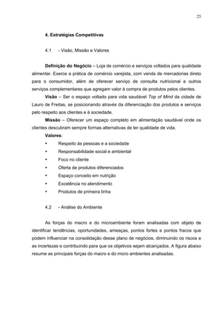 25
4. Estratégias Competitivas
4.1 - Visão, Missão e Valores
Definição do Negócio – Loja de comércio e serviços voltados para qualidade
alimentar. Exerce a prática de comércio varejista, com venda de mercadorias direto
para o consumidor, além de oferecer serviço de consulta nutricional e outros
serviços complementares que agregam valor à compra de produtos pelos clientes.
Visão – Ser o espaço voltado para vida saudável Top of Mind da cidade de
Lauro de Freitas, se posicionando através da diferenciação dos produtos e serviços
pelo respeito aos clientes e à sociedade.
Missão – Oferecer um espaço completo em alimentação saudável onde os
clientes descubram sempre formas alternativas de ter qualidade de vida.
Valores:
• Respeito às pessoas e a sociedade
• Responsabilidade social e ambiental
• Foco no cliente
• Oferta de produtos diferenciados
• Espaço conceito em nutrição
• Excelência no atendimento
• Produtos de primeira linha
4.2 - Análise do Ambiente
As forças do macro e do microambiente foram analisadas com objeto de
identificar tendências, oportunidades, ameaças, pontos fortes e pontos fracos que
podem influenciar na consolidação desse plano de negócios, diminuindo os riscos e
as incertezas e contribuindo para que os objetivos sejam alcançados. A figura abaixo
resume as principais forças do macro e do micro ambientes analisadas.
 