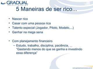 Nascer rico Casar com uma pessoa rica Talento especial (Jogador, Piloto, Modelo,...) Ganhar na mega sena Com planejamento financeiro Estudo, trabalho, disciplina, paciência, ... “Gastando menos do que se ganha e investindo essa diferença” 5 Maneiras de ser rico... 
