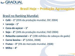 Brasil Hoje – Produção Agronegócio Brasil no Ranking Mundial: Café  –  1°  (35% da produção mundial, OIC 2004) Laranja  –  1° Cana-de-açúcar  –  1° Soja  –  2°  (24% da produção mundial, FAO 2004) Rebanho comercial – 1°  (198 milhões de cabeças de gado) Carne bovina  –  2°  (USDA, 2008) Frutas  –  3°  (5% do mercado mundial, 2008) Milho  –  4° 