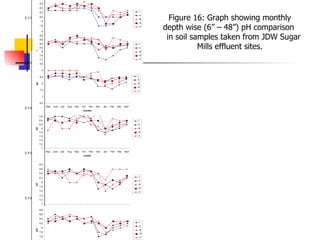 pH at 6” pH at 12” pH at 18” pH at 24” pH at 30” pH at 36” Depth wise Figure 16: Graph showing monthly depth wise (6” – 48”) pH comparison  in soil samples taken from JDW Sugar Mills effluent sites. 