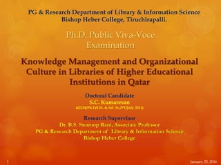 Ph.D. Public Viva-Voce
Examination
PG & Research Department of Library & Information Science
Bishop Heber College, Tiruchirapalli.
Doctoral Candidate
S.C. Kumaresan
(42234/Ph.D/Lib. & Inf. Sc./PT/July 2011)
Knowledge Management and Organizational
Culture in Libraries of Higher Educational
Institutions in Qatar
1 January 25, 2016
Research Supervisor
Dr. B.S. Swaroop Rani, Associate Professor
PG & Research Department of Library & Information Science
Bishop Heber College
 