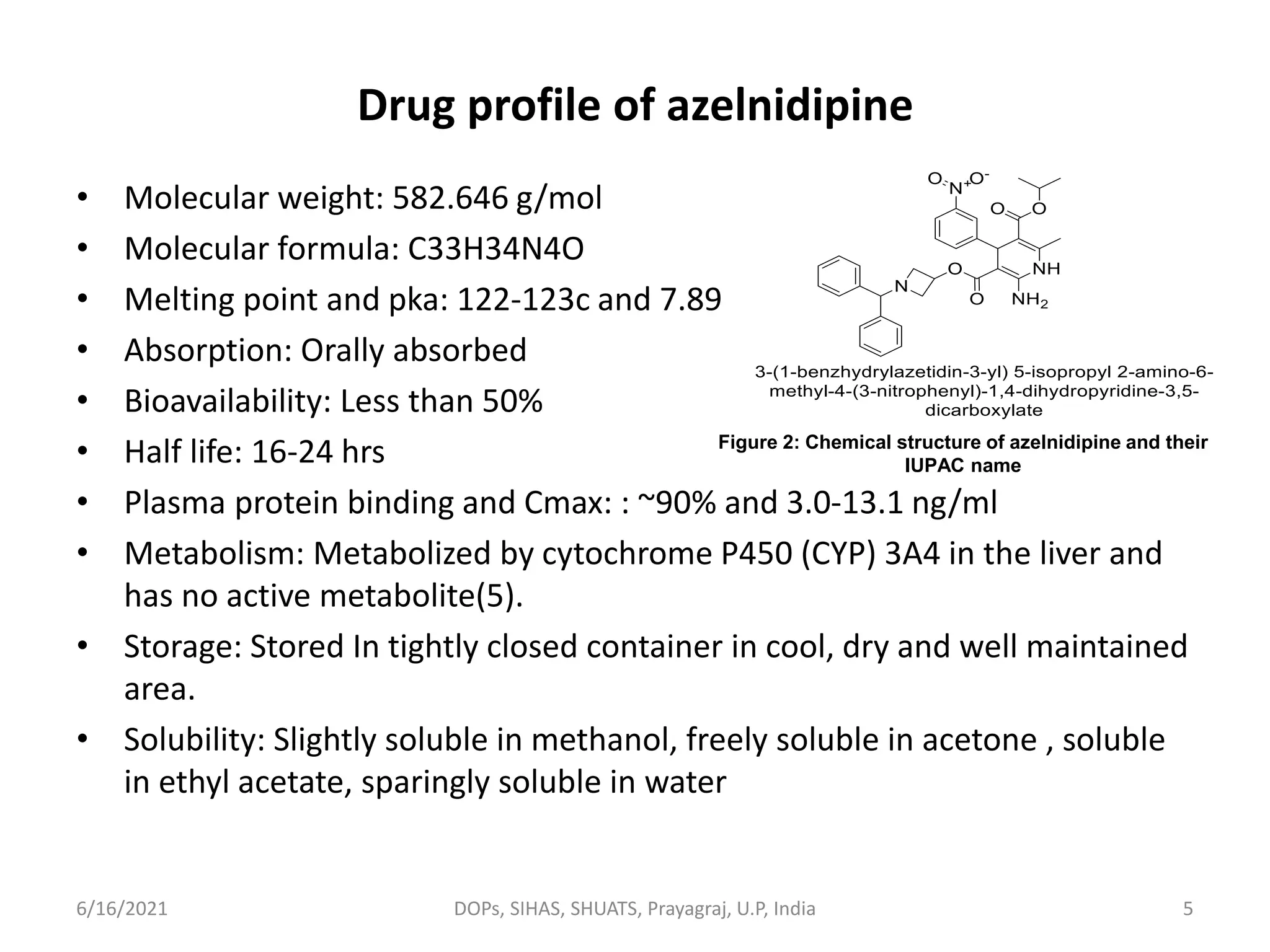 Drug profile of azelnidipine
• Molecular weight: 582.646 g/mol
• Molecular formula: C33H34N4O
• Melting point and pka: 122-123c and 7.89
• Absorption: Orally absorbed
• Bioavailability: Less than 50%
• Half life: 16-24 hrs
• Plasma protein binding and Cmax: : ~90% and 3.0-13.1 ng/ml
• Metabolism: Metabolized by cytochrome P450 (CYP) 3A4 in the liver and
has no active metabolite(5).
• Storage: Stored In tightly closed container in cool, dry and well maintained
area.
• Solubility: Slightly soluble in methanol, freely soluble in acetone , soluble
in ethyl acetate, sparingly soluble in water
6/16/2021 DOPs, SIHAS, SHUATS, Prayagraj, U.P, India
Figure 2: Chemical structure of azelnidipine and their
IUPAC name
5
 
