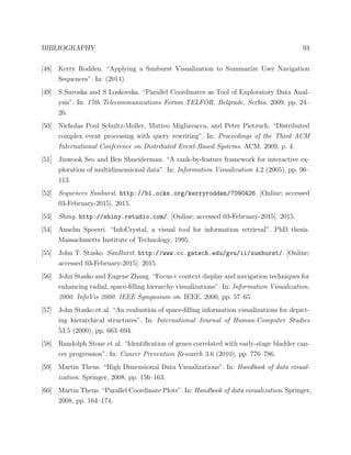 BIBLIOGRAPHY 93
[48] Kerry Rodden. “Applying a Sunburst Visualization to Summarize User Navigation
Sequences”. In: (2014).
[49] S Savoska and S Loskovska. “Parallel Coordinates as Tool of Exploratory Data Anal-
ysis”. In: 17th Telecommunications Forum TELFOR, Belgrade, Serbia. 2009, pp. 24–
26.
[50] Nicholas Poul Schultz-Møller, Matteo Migliavacca, and Peter Pietzuch. “Distributed
complex event processing with query rewriting”. In: Proceedings of the Third ACM
International Conference on Distributed Event-Based Systems. ACM. 2009, p. 4.
[51] Jinwook Seo and Ben Shneiderman. “A rank-by-feature framework for interactive ex-
ploration of multidimensional data”. In: Information Visualization 4.2 (2005), pp. 96–
113.
[52] Sequences Sunburst. http://bl.ocks.org/kerryrodden/7090426. [Online; accessed
03-February-2015]. 2015.
[53] Shiny. http://shiny.rstudio.com/. [Online; accessed 03-February-2015]. 2015.
[54] Anselm Spoerri. “InfoCrystal, a visual tool for information retrieval”. PhD thesis.
Massachusetts Institute of Technology, 1995.
[55] John T. Stasko. SunBurst. http://www.cc.gatech.edu/gvu/ii/sunburst/. [Online;
accessed 03-February-2015]. 2015.
[56] John Stasko and Eugene Zhang. “Focus+ context display and navigation techniques for
enhancing radial, space-ﬁlling hierarchy visualizations”. In: Information Visualization,
2000. InfoVis 2000. IEEE Symposium on. IEEE. 2000, pp. 57–65.
[57] John Stasko et al. “An evaluation of space-ﬁlling information visualizations for depict-
ing hierarchical structures”. In: International Journal of Human-Computer Studies
53.5 (2000), pp. 663–694.
[58] Randolph Stone et al. “Identiﬁcation of genes correlated with early-stage bladder can-
cer progression”. In: Cancer Prevention Research 3.6 (2010), pp. 776–786.
[59] Martin Theus. “High Dimensional Data Visualizations”. In: Handbook of data visual-
ization. Springer, 2008, pp. 156–163.
[60] Martin Theus. “Parallel Coordinate Plots”. In: Handbook of data visualization. Springer,
2008, pp. 164–174.
 