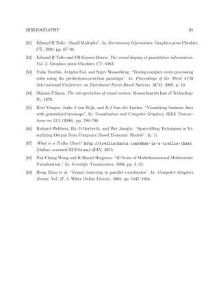 BIBLIOGRAPHY 94
[61] Edward R Tufte. “Small Multiples”. In: Envisioning Information. Graphics press Cheshire,
CT, 1990, pp. 67–80.
[62] Edward R Tufte and PR Graves-Morris. The visual display of quantitative information.
Vol. 2. Graphics press Cheshire, CT, 1983.
[63] Yulia Turchin, Avigdor Gal, and Segev Wasserkrug. “Tuning complex event processing
rules using the prediction-correction paradigm”. In: Proceedings of the Third ACM
International Conference on Distributed Event-Based Systems. ACM. 2009, p. 10.
[64] Shimon Ullman. The interpretation of visual motion. Massachusetts Inst of Technology
Pr, 1979.
[65] Roel Vliegen, Jarke J van Wijk, and E-J Van der Linden. “Visualizing business data
with generalized treemaps”. In: Visualization and Computer Graphics, IEEE Transac-
tions on 12.5 (2006), pp. 789–796.
[66] Richard Webbera, Ric D Herbertb, and Wei Jiangbc. “Space-ﬁlling Techniques in Vi-
sualizing Output from Computer Based Economic Models”. In: ().
[67] What is a Trellis Chart? http://trellischarts.com/what-is-a-trellis-chart.
[Online; accessed 03-February-2015]. 2015.
[68] Pak Chung Wong and R Daniel Bergeron. “30 Years of Multidimensional Multivariate
Visualization.” In: Scientiﬁc Visualization. 1994, pp. 3–33.
[69] Hong Zhou et al. “Visual clustering in parallel coordinates”. In: Computer Graphics
Forum. Vol. 27. 3. Wiley Online Library. 2008, pp. 1047–1054.
 