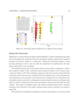 CHAPTER 2. LITERATURE REVIEW 10
Figure 2.5: Scatterplot matrix navigation for a digital camera dataset.
Rolling Dice Framework
Rolling dice is another framework which utilizes SPLOM to visualize multidimensional data
[13]. In this framework, transitions from one scatterplot to another is performed as animated
rotations in 3D space, similar to a rolling dice. Rolling dice framework suggest a visual
querying technique so that a user can reﬁne his requirement by exploring how the same
query would result in any scatterplot.
The interface proposed by the framework mainly consist of three components: Scatter-
plot component (Figure 2.5B), scatterplot matrix component (Figure 2.5A) and query layer
component (Figure 2.5C). The scatterplot component shows the currently viewed cell of the
scatterplot matrix with the name and labels of the two displayed axes. The scatterplot ma-
trix component can be used both as an overview and a navigational tool. Navigation in the
scatterplot matrix is restricted to orthogonal movement along the same row or column in the
matrix so that one dimension in the focused scatterplot is always preserved while the other
changes. The change is visualized using a 3D rotation animation which gives a semantic
meaning to the movement of the points, allowing human mind to interpret the motion as
shape [64].
The transition of scatterplots is performed as a three-stage animation: extrusion into 3D,
 