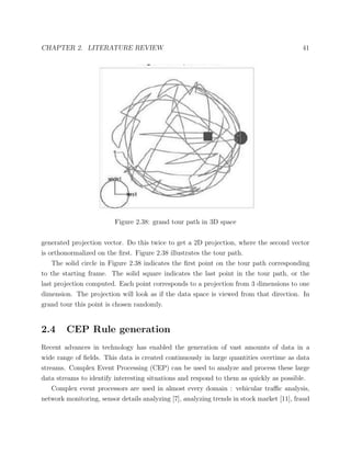 CHAPTER 2. LITERATURE REVIEW 41
Figure 2.38: grand tour path in 3D space
generated projection vector. Do this twice to get a 2D projection, where the second vector
is orthonormalized on the ﬁrst. Figure 2.38 illustrates the tour path.
The solid circle in Figure 2.38 indicates the ﬁrst point on the tour path corresponding
to the starting frame. The solid square indicates the last point in the tour path, or the
last projection computed. Each point corresponds to a projection from 3 dimensions to one
dimension. The projection will look as if the data space is viewed from that direction. In
grand tour this point is chosen randomly.
2.4 CEP Rule generation
Recent advances in technology has enabled the generation of vast amounts of data in a
wide range of ﬁelds. This data is created continuously in large quantities overtime as data
streams. Complex Event Processing (CEP) can be used to analyze and process these large
data streams to identify interesting situations and respond to them as quickly as possible.
Complex event processors are used in almost every domain : vehicular traﬃc analysis,
network monitoring, sensor details analyzing [7], analyzing trends in stock market [11], fraud
 