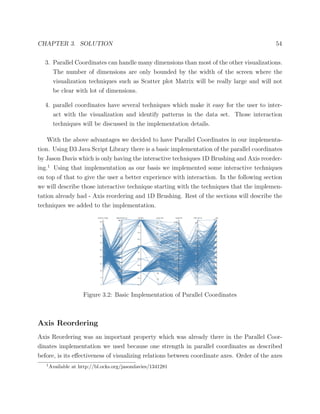 CHAPTER 3. SOLUTION 54
3. Parallel Coordinates can handle many dimensions than most of the other visualizations.
The number of dimensions are only bounded by the width of the screen where the
visualization techniques such as Scatter plot Matrix will be really large and will not
be clear with lot of dimensions.
4. parallel coordinates have several techniques which make it easy for the user to inter-
act with the visualization and identify patterns in the data set. Those interaction
techniques will be discussed in the implementation details.
With the above advantages we decided to have Parallel Coordinates in our implementa-
tion. Using D3 Java Script Library there is a basic implementation of the parallel coordinates
by Jason Davis which is only having the interactive techniques 1D Brushing and Axis reorder-
ing.1
Using that implementation as our basis we implemented some interactive techniques
on top of that to give the user a better experience with interaction. In the following section
we will describe those interactive technique starting with the techniques that the implemen-
tation already had - Axis reordering and 1D Brushing. Rest of the sections will describe the
techniques we added to the implementation.
Figure 3.2: Basic Implementation of Parallel Coordinates
Axis Reordering
Axis Reordering was an important property which was already there in the Parallel Coor-
dinates implementation we used because one strength in parallel coordinates as described
before, is its eﬀectiveness of visualizing relations between coordinate axes. Order of the axes
1
Available at http://bl.ocks.org/jasondavies/1341281
 