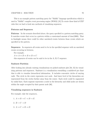 CHAPTER 3. SOLUTION 70
This is an example pattern matching query for ”Siddhi” language speciﬁcation which is
used in ”Siddhi” complex event processing engine (WSO2) [45].To create these kind of CEP
rules ﬁrst we had to look into methods of visualizing sequences.
Patterns and Sequences
Patterns In the scenario described above, the query speciﬁed is a pattern matching query.
It matches events that occur in a pattern within a constrained amount of time(3000). That
in hindsight means there could be other unrelated events between those events which are
speciﬁed in the pattern.
Sequences In sequences all events need to be in the speciﬁed sequence with no unrelated
events occurring in between.
For example,
A ⇒ A ⇒ B ⇒ B ⇒ B ⇒ C
this sequences of events can be said to be in the A, B, C sequence.
Sunburst Partition
After looking into already existing visualizations we picked sunburst plot [56, 55] for visual-
izing patterns and sequences. Sunburst is a visualization resembling a multilevel pie chart
that is able to visualize hierarchical information. It includes concentric circles of varying
radii. The circle in the center represents root node. And lower level of the hierarchies are
represented from the circles further away from the center. Each circle could be segmented
by radial lines. Each segment represents a node in the hierarchy and child nodes are drawn
within the angle occupied by their parent node [66].
Visualizing sequences in Sunburst
For example, take the sequences,
1. A → B → C → D → E
2. B → C → D
3. A → C → B → D
 