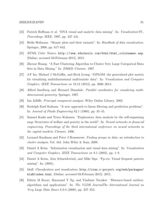BIBLIOGRAPHY 91
[23] Patrick Hoﬀman et al. “DNA visual and analytic data mining”. In: Visualization’97.,
Proceedings. IEEE. 1997, pp. 437–441.
[24] Heike Hofmann. “Mosaic plots and their variants”. In: Handbook of data visualization.
Springer, 2008, pp. 617–642.
[25] HTML Color Names. http://www.w3schools.com/html/html_colornames.asp.
[Online; accessed 03-February-2015]. 2015.
[26] Zhexue Huang. “A Fast Clustering Algorithm to Cluster Very Large Categorical Data
Sets in Data Mining.” In: DMKD. Citeseer. 1997.
[27] J-F Im, Michael J McGuﬃn, and Rock Leung. “GPLOM: the generalized plot matrix
for visualizing multidimensional multivariate data”. In: Visualization and Computer
Graphics, IEEE Transactions on 19.12 (2013), pp. 2606–2614.
[28] Alfred Inselberg and Bernard Dimsdale. Parallel coordinates for visualizing multi-
dimensional geometry. Springer, 1987.
[29] Ian Jolliﬀe. Principal component analysis. Wiley Online Library, 2002.
[30] Rudolph Emil Kalman. “A new approach to linear ﬁltering and prediction problems”.
In: Journal of Fluids Engineering 82.1 (1960), pp. 35–45.
[31] Samuel Kaski and Teuvo Kohonen. “Exploratory data analysis by the self-organizing
map: Structures of welfare and poverty in the world”. In: Neural networks in ﬁnancial
engineering. Proceedings of the third international conference on neural networks in
the capital markets. Citeseer. 1996.
[32] Leonard Kaufman and Peter J Rousseeuw. Finding groups in data: an introduction to
cluster analysis. Vol. 344. John Wiley & Sons, 2009.
[33] Daniel A Keim. “Information visualization and visual data mining”. In: Visualization
and Computer Graphics, IEEE Transactions on 8.1 (2002), pp. 1–8.
[34] Daniel A Keim, J¨orn Schneidewind, and Mike Sips. “Fp-viz: Visual frequent pattern
mining”. In: (2005).
[35] klaR: Classiﬁcation and visualization. http://cran.r-project.org/web/packages/
klaR/index.html. [Online; accessed 03-February-2015]. 2015.
[36] Edwin M Knorr, Raymond T Ng, and Vladimir Tucakov. “Distance-based outliers:
algorithms and applications”. In: The VLDB JournalThe International Journal on
Very Large Data Bases 8.3-4 (2000), pp. 237–253.
 