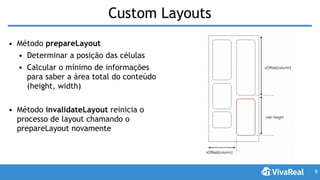 Custom Layouts
• Método prepareLayout
• Determinar a posição das células
• Calcular o mínimo de informações
para saber a área total do conteúdo
(height, width)
• Método invalidateLayout reinicia o
processo de layout chamando o
prepareLayout novamente
9
 