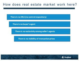 3
How does  real estate market work here?
There is no	
 MLS	
 (no	
 central	
 respository)
There is no	
 buyer’sagent
There is no	
 exclusivity among seller’s agents
There is no	
 visibility of transactionprices
 
