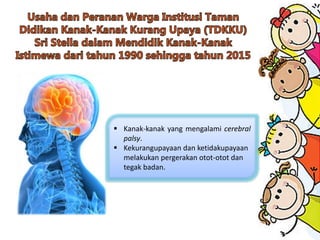  Kanak-kanak yang mengalami cerebral
palsy.
 Kekurangupayaan dan ketidakupayaan
melakukan pergerakan otot-otot dan
tegak badan.
 
