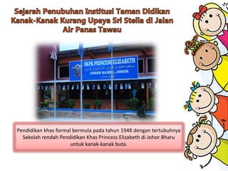 Pendidikan khas formal bermula pada tahun 1948 dengan tertubuhnya
Sekolah rendah Pendidikan Khas Princess Elizabeth di Johor Bharu
untuk kanak-kanak buta.
 