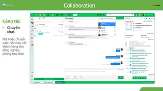 OverviewCollaboration
Cộng tác
• Chuyển
chat
Mời hoặc chuyển
cuộc hội thoại với
khách hàng cho
đồng nghiệp,
phòng ban khác
 