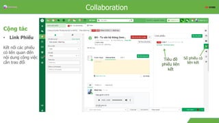 OverviewCollaboration
Cộng tác
• Link Phiếu
Kết nối các phiếu
có liên quan đến
nội dung công việc
cần trao đổi
Số phiếu có
liên kết
Tiêu đề
phiếu liên
kết
 