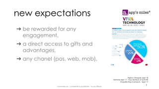 - moonmiles sas - confidentiel & propriétaire - ne pas diffuser -
➔ be rewarded for any
engagement,
➔ a direct access to gifts and
advantages,
➔ any chanel (pos, web, mob),
3
new expectations
Highco Shopper sept 18
Vertone sept 17 - tous secteurs d’activité
Enquête Ifop-Comarch - Sept 17
 