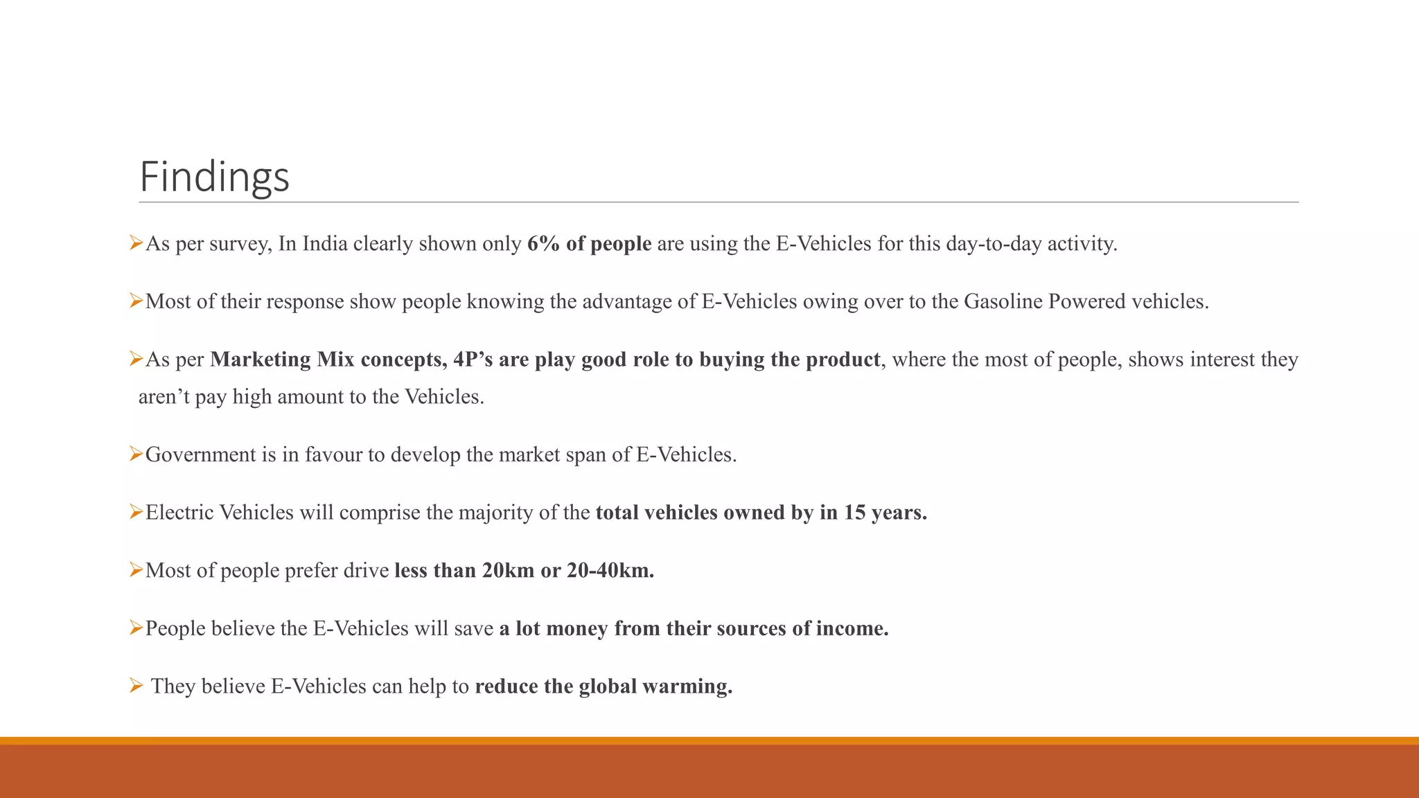 Findings
➢As per survey, In India clearly shown only 6% of people are using the E-Vehicles for this day-to-day activity.
➢Most of their response show people knowing the advantage of E-Vehicles owing over to the Gasoline Powered vehicles.
➢As per Marketing Mix concepts, 4P’s are play good role to buying the product, where the most of people, shows interest they
aren’t pay high amount to the Vehicles.
➢Government is in favour to develop the market span of E-Vehicles.
➢Electric Vehicles will comprise the majority of the total vehicles owned by in 15 years.
➢Most of people prefer drive less than 20km or 20-40km.
➢People believe the E-Vehicles will save a lot money from their sources of income.
➢ They believe E-Vehicles can help to reduce the global warming.
 