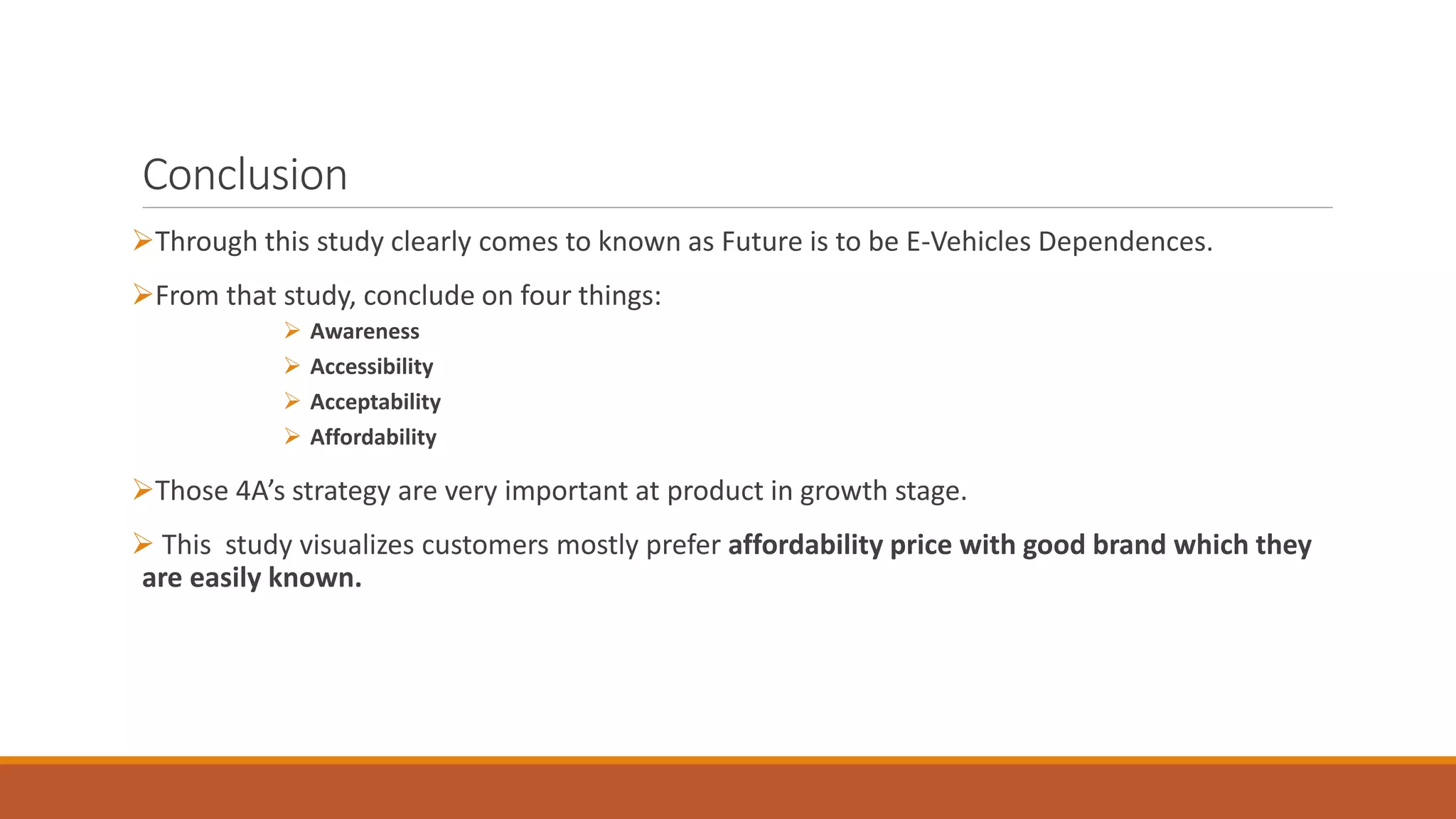 Conclusion
➢Through this study clearly comes to known as Future is to be E-Vehicles Dependences.
➢From that study, conclude on four things:
➢ Awareness
➢ Accessibility
➢ Acceptability
➢ Affordability
➢Those 4A’s strategy are very important at product in growth stage.
➢ This study visualizes customers mostly prefer affordability price with good brand which they
are easily known.
 