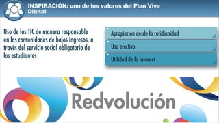 INSPIRACIÓN: uno de los valores del Plan Vive
Digital
Apropiación desde la cotidianidad
Uso efectivo
Utilidad de la Internet
Uso de las TIC de manera responsable
en las comunidades de bajos ingresos, a
través del servicio social obligatorio de
los estudiantes
 