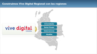 Construimos Vive Digital Regional con las regiones
X Gobernaciones
Alcaldías
Universidades
Sector Privado
 