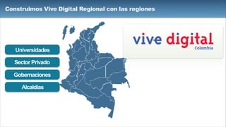 Construimos Vive Digital Regional con las regiones
Gobernaciones
Alcaldías
Universidades
Sector Privado
 