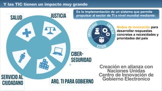 Y las TIC tienen un impacto muy grande
CIBER-
SEGURIDAD
Arq. TI para gobieRno
Servicio al
ciudadano
SALUD JUSTICIA
Creación en alianza con
Naciones Unidas
Centro de Innovación de
Gobierno Electronico
Es la implementación de un sistema que permite
propulsar al sector de TI a nivel mundial mediante:
Nodos de innovación para
desarrollar respuestas
concretas a necesidades y
prioridades del país
UNIVERSI
DAD
ESTADO
EM
PRESA
 