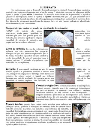 9
SUBSTRATO
É o meio em que a raiz se desenvolve formando um suporte estrutural, fornecendo água, oxigênio e
nutrientes para o desenvolvimento da parte aérea das mudas. O substrato é composto por três partes; sólida,
liquida e gasosa. A parte sólida é constituída de partículas minerais (rochas fragmentadas) e orgânicas
(produto da decomposição animal e vegetal); a líquida é formada pela água , na qual encontram-se os
nutrientes, sendo chamada de solução do solo e; gasosa constituída pelo ar, a atmosfera do substrato. Estes
dois últimos são inteiramente dependentes dos espaços livres no solo (poros), podendo ser classificados
ainda como macroporos e microporos.
Componentes que podem ser usados na constituição de substratos:
Areia: este material não possui pegajosidade nem
plasticidade, tendo pouca capacidade de retenção de água e
nutrientes por causa dos grandes poros que separam as suas
partículas, mas apesar da rápida perca e água e da baixa
capacidade de retenção de nutrientes, este material
proporciona boa aeração ao substrato.
Terra de subsolo: deve-se dar preferência aos solos areno-
argilosos, pois estes apresentam boa agregação, permitem uma boa
drenagem da água, não apresentam problemas para o desenvolvimento
das raízes, possui boa capacidade de reter umidade e apresentam
coesão (capacidade de unir-se) necessária para a agregação ao
sistema radicular. É utilizada principalmente com mudas que são
produzidas em sacos plásticos.
Terrinha: É um material constituído de solo de textura média, rico em
matéria orgânica, e geralmente constitui e camada mais superficial do
solo, onde por um longo período de tempo foram depositados resíduos
orgânicos de origem animal e vegetal que sofreram decomposição,
formando um material umificado de coloração escura que além de ter boa
quantidade se matéria orgânica, tem facilidade em reter umidade.
Composto orgânico: é o material resultante da decomposição
de restos animais e vegetais, através do processo da compostagem.
Este processo consiste em amontoar esses resíduos e, mediante
tratamentos químicos ou não, acelerar a sua decomposição. O
composto estimula a proliferação de microrganismos úteis, melhora
as qualidades físicas do solo, aumenta a capacidade de retenção de
água e nutrientes, facilita o arejamento e reduz o efeito da erosão pela
chuva.
Esterco bovino: quando bem curtido muito contribui para melhorar as
condições físicas, químicas e biológicas do substrato, além de fornecer vários
nutrientes essenciais às plantas. Ele aumenta a disponibilidade de nutrientes, a
capacidade de retenção de água, a porosidade do solo e a agregação do substrato, as
quais são mais importantes que os elementos químicos e nutrientes adicionados
pelo esterco. O valor do esterco como fertilizante depende de vários fatores, dentre
os quais o grau de decomposição em que se encontra e os teores que ele apresenta
de diversos elementos essenciais às plantas. O esterco bem curtido é útil misturado
com outros substratos, proporcionando resultados semelhantes ao do composto
orgânico, porém inferiores.
 