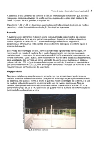 Viveiro de Mudas – Construção, Custos e Legalização | 15 
A cobertura é feita utilizando-se sombrite a 50% de interceptação da luz solar, que atende à maioria das espécies cultivadas na região, entre as quais pode-se citar: açaí, castanha-do- brasil, cupuaçu, bacaba, graviola, mangaba, etc. 
O pedilúvio (1,00 x 1,00 m) deverá ser assentado na entrada principal do viveiro, de modo a permitir o controle fitossanitário na circulação de máquinas e pessoas. 
Aramado 
A sustentação do sombrite é feita com arame liso galvanizado apoiado sobre os esteios e tensionados linha a linha até aos esticadores que ficam dispostos em todas as laterais do viveiro, dispostos a cada 4,00 m. O arame está configurado de forma longitudinal, perpendicular e transversal (vide planta), oferecendo ótimo apoio para o sombrite e para o sistema de irrigação. 
Esse modo de sustentação oferece, além da durabilidade e praticidade da instalação, um menor custo em relação à madeira. Se o viveiro fosse atracado com pernas-mancas de madeira-de-lei, o custo seria de aproximadamente R$ 539,00 em material, considerando que levaria no mínimo 7 (sete) dúzias, além de contar com mão-de-obra especializada (carpinteiro) para a realização dos serviços. Já com a utilização do arame, esses custos caem bastante, pois um rolo de 1.000 m (quantidade suficiente para um módulo) é vendido no mercado local por aproximadamente R$ 253,00, com a vantagem adicional da facilidade de manuseio e não requerer maiores conhecimentos de carpintaria. 
Projeção lateral 
Têm-se os detalhes do assentamento do sombrite, em que apresenta um tensionador em madeira em todas as laterais do viveiro, para permitir mais segurança e apoio no esticamento da cobertura. De qualquer forma, o arame é que dá a maior sustentação ao sombrite, e o uso da madeira foi bastante reduzido em comparação com os viveiros tradicionais. Nota-se também, que aproveitando-se do esticamento do arame, projeta-se uma aba de 2,20 m de comprimento (Figs. 08, 09 e 10), que servirá de quebra-vento e auxiliará na uniformização da luminosidade nas laterais do viveiro. 
Fig. 8. Detalhe do aramado  