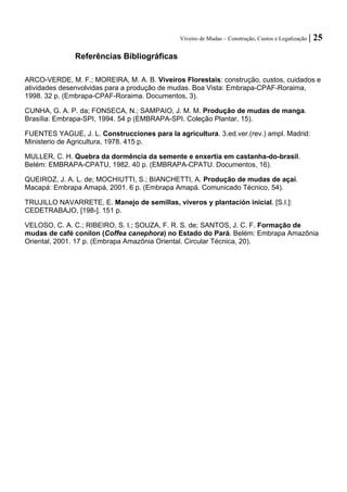 Viveiro de Mudas – Construção, Custos e Legalização | 25 
Referências Bibliográficas 
ARCO-VERDE, M. F.; MOREIRA, M. A. B. Viveiros Florestais: construção, custos, cuidados e atividades desenvolvidas para a produção de mudas. Boa Vista: Embrapa-CPAF-Roraima, 1998. 32 p. (Embrapa-CPAF-Roraima. Documentos, 3). 
CUNHA, G. A. P. da; FONSECA, N.; SAMPAIO, J. M. M. Produção de mudas de manga. Brasília: Embrapa-SPI, 1994. 54 p (EMBRAPA-SPI. Coleção Plantar, 15). 
FUENTES YAGUE, J. L. Construcciones para la agricultura. 3.ed.ver.(rev.) ampl. Madrid: Ministerio de Agricultura, 1978. 415 p. 
MULLER, C. H. Quebra da dormência da semente e enxertia em castanha-do-brasil. Belém: EMBRAPA-CPATU, 1982. 40 p. (EMBRAPA-CPATU. Documentos, 16). 
QUEIROZ, J. A. L. de; MOCHIUTTI, S.; BIANCHETTI, A. Produção de mudas de açaí. Macapá: Embrapa Amapá, 2001. 6 p. (Embrapa Amapá. Comunicado Técnico, 54). 
TRUJILLO NAVARRETE, E. Manejo de semillas, viveros y plantación inicial. [S.I.]: CEDETRABAJO, [198-]. 151 p. 
VELOSO, C. A. C.; RIBEIRO, S. I.; SOUZA, F. R. S. de; SANTOS, J. C. F. Formação de mudas de café conilon (Coffea canephora) no Estado do Pará. Belém: Embrapa Amazônia Oriental, 2001. 17 p. (Embrapa Amazônia Oriental. Circular Técnica, 20).  
