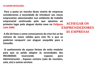 O LUGAR ESCOLLIDO: Para a posta en marcha deste viveiro de empresas consideramos á necesidade de introducir aos novos empresarios seleccionados nun ambiente de traballo empresarial continuado polo que optamos en primeiro lugar polo aluguer dunha nave no  Polígono Lalín 2000. A día de hoxe e como consecuencia da crise hai un bo número de naves válidas para este fin e que se poderían conquerir cun aluguer asequible para o Concello. O axeitamento do espazo faríase de xeito modular para que se poida adaptar ás necesidades das INCUBADAS reservando  espazos para Administración , Espazos comúns (sala de reunións, aula, etc) e outros servizos ACHEGAR OS EMPRENDEDORES ÁS EMPRESAS 