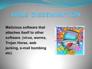 CYBERTERRORISMTerrorist attacks on theInternet is by distributeddenial of service attacks,hate websites and hateemails, attacks on sensitivecomputer networks,etc. Technology savvyterrorists are using 512-bitencryption, which isimpossible to decrypt.