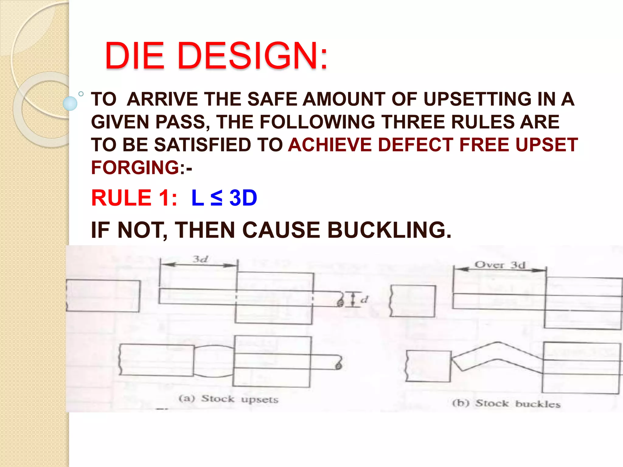 DIE DESIGN:
TO ARRIVE THE SAFE AMOUNT OF UPSETTING IN A
GIVEN PASS, THE FOLLOWING THREE RULES ARE
TO BE SATISFIED TO ACHIEVE DEFECT FREE UPSET
FORGING:-
RULE 1: L ≤ 3D
IF NOT, THEN CAUSE BUCKLING.
 