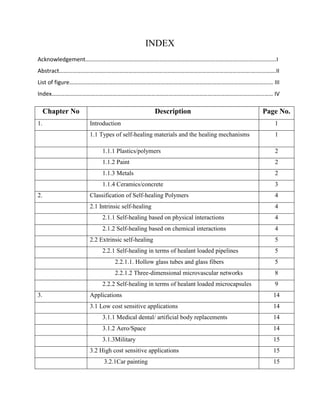 INDEX
Acknowledgement……………………………………………………………………………………………..…………………….I
Abstract…………………………………………………………………………………………………………………….….………….II
List of figure……………………………………………………………………………………………………………..………….… III
Index…………………………………………………………………………………………………………………………….…..…… IV
Chapter No Description Page No.
1. Introduction 1
1.1 Types of self-healing materials and the healing mechanisms 1
1.1.1 Plastics/polymers 2
1.1.2 Paint 2
1.1.3 Metals 2
1.1.4 Ceramics/concrete 3
2. Classification of Self-healing Polymers 4
2.1 Intrinsic self-healing 4
2.1.1 Self-healing based on physical interactions 4
2.1.2 Self-healing based on chemical interactions 4
2.2 Extrinsic self-healing 5
2.2.1 Self-healing in terms of healant loaded pipelines 5
2.2.1.1. Hollow glass tubes and glass fibers 5
2.2.1.2 Three-dimensional microvascular networks 8
2.2.2 Self-healing in terms of healant loaded microcapsules 9
3. Applications 14
3.1 Low cost sensitive applications 14
3.1.1 Medical dental/ artificial body replacements 14
3.1.2 Aero/Space 14
3.1.3Military 15
3.2 High cost sensitive applications 15
3.2.1Car painting 15
 