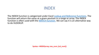 Excel - Vloopup, Averageif , Countif, Index and Sumif | PPTX