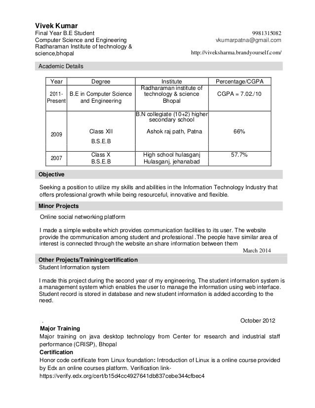 vivek kumar resume resume for final year engineering student